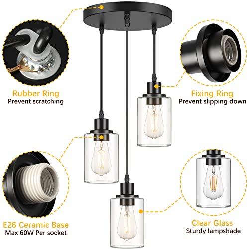 Industrial 3 Light Pendant Light Fixture Clear Glass