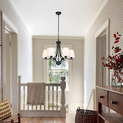 Farmhouse Chandeliers 6 Light Black Contemporary Pendant Lighting Rustic Dining Room Lighting Fixtures Hanging with White Fabric Shade