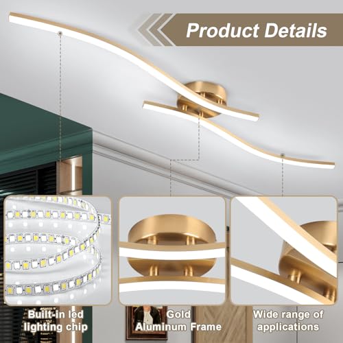 28W Gold Linear Ceiling Light Gold Modern LED Ceiling Light Fixture 6000K Aluminum 39.37Inch Long Ceiling Lamp for Hallway