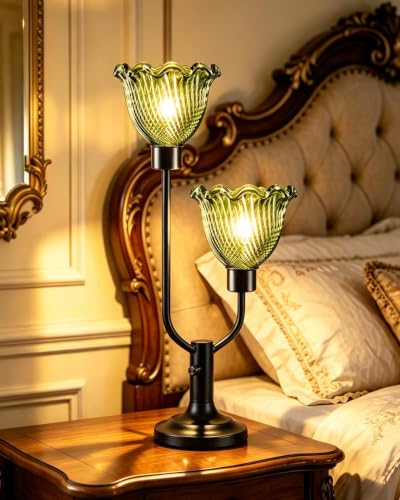 Green Glass Flower Table Lamp for Bedroom Vintage Lamp Dimmable