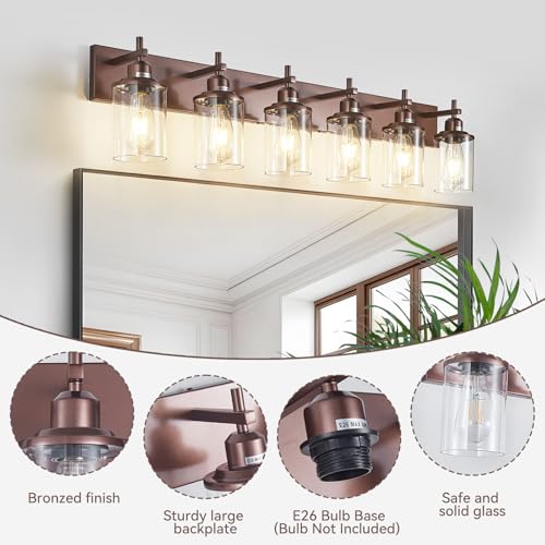 6 Light Bronze Bathroom Light Fixtures Over Mirror