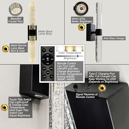 Battery Operated Crystal Wall Lights Rechargeable Set of 2 with Remote