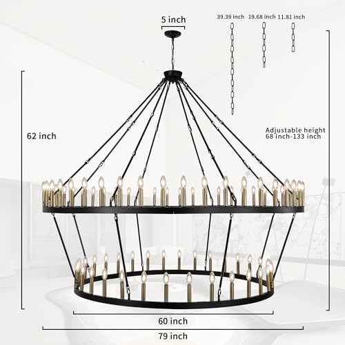 Rustic Farmhouse Wagon Wheel Chandelier Black+Brushed Brass Large Chandeliers for High Ceilings 2 Tier 80Lights 78.7 Inch for Dining Room Living Room Foyer Porch Kitchen Island