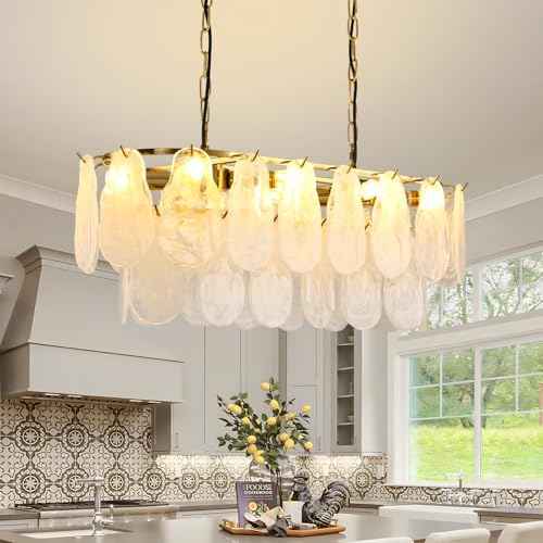 KELUOLY Gold Rectangle Chandeliers for Dining Room Modern Island Light Crystal Cloud Glass 8-Light Chandelier 2 Tier Rectangular Linear Pendant Hanging Ceiling Light Fixture for Kitchen L31.5” (E12)