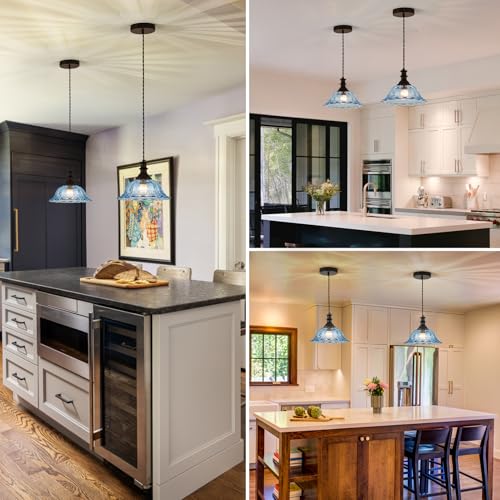 Glass Pendant Lights Modern Pendant Lighting Fixtures Hanging Lamp for Kitchen Island Bedroom Dining Room Coffee Shop Hallway Blue and Black 2 Pack (2 Count)