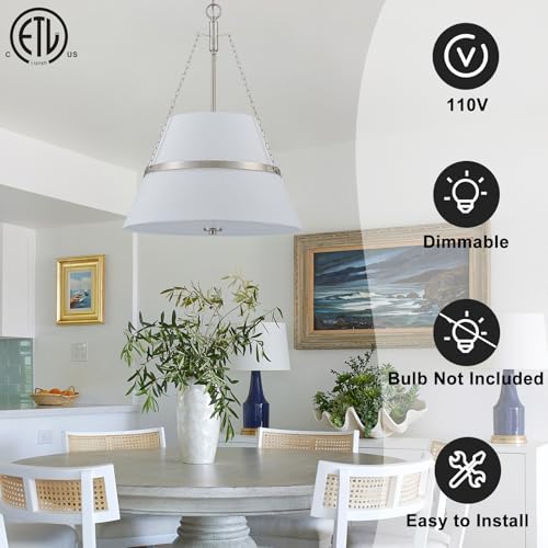 20" Brushed Nickel Drum Chandelier for Dining Room Linen Pendant Light
