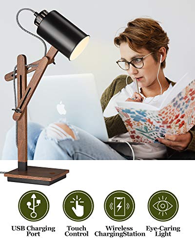 Touch Control Sapele Wood Desk Lamp with Wireless Charging & USB Port