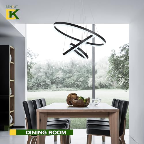 3 Rings Modern LED Chandelier Black Dimmable Pendant Lighting with Remote Control Circular Flush Mount High Ceiling Light for Dining Room Living Room Entrance Foyer
