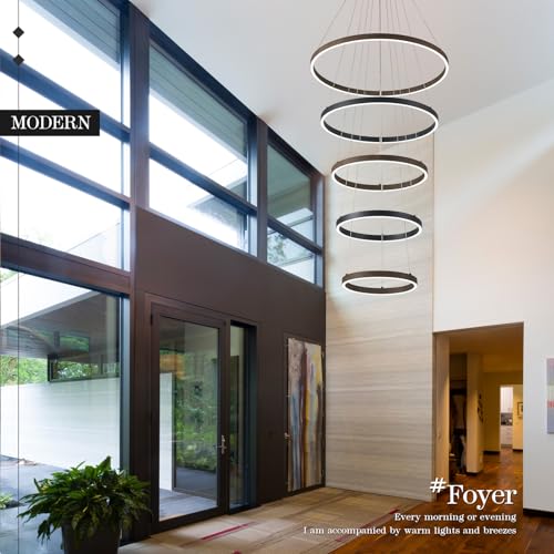 LED 5 Ring Chandelier High Ceiling Foyer Chandeliers Black Walnut Dimmable