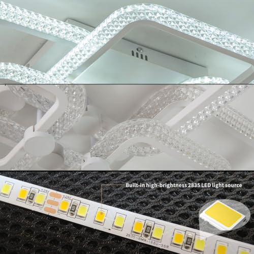 41.3in Modern LED Ceiling Light Fixture Dimmable Crystal Flush Mount Led Ceiling Lights 8 Square Frame with Remote Ceiling Lamps for Living Room Kitchen Bedroom