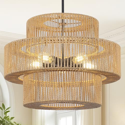 22" Boho Hand Woven Rattan Chandelier Light Fixtures for Dining Room