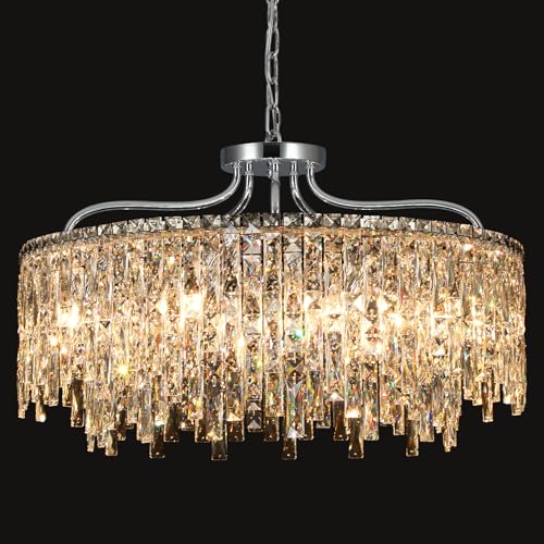 10 Lights Chrome Round Crystal Chandeliers for Dining Room 28"