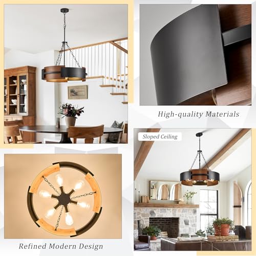 24" 6 Light Industrial Drum Chandelier with Red Walnut Grain