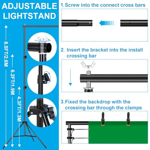 Upgraded LED Bulb] Photography Lighting Kit 8.5x10ft Backdrop Support System and LED Softbox Set
