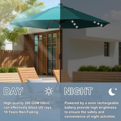 USA 10-Year-Non-Fading 10ft Market Patio Umbrella, Commercial Grade Table Sun Umbrella with 80 Solar LED Lights, Crank Open, Windproof & UPF 50+ UV Protection for Garden, Deck, Pool, Backyard, Teal