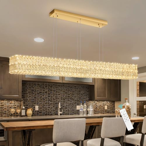 Rectangular Crystal Chandelier Dimmable LED Linear Chandeliers for Dining Room Remote Ceiling Pendants Light Fixture for Kitchen Island Gold