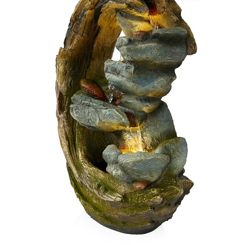 WIN1554S Outdoor Curved Trunk and Stone Floor Fountain with Warm White LED Lights