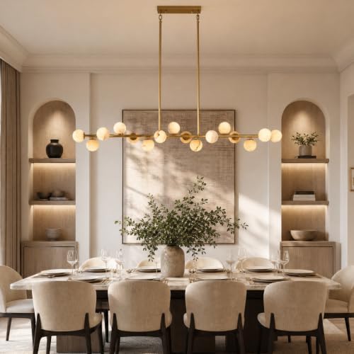 16 Light Gold Linear Alabaster Chandelier with Sputnik Globe Shades