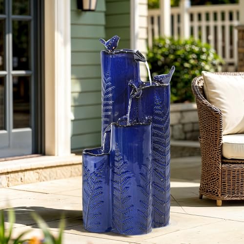 Autodaya 32" H Ceramic Outdoor Water Fountain with LED Lights