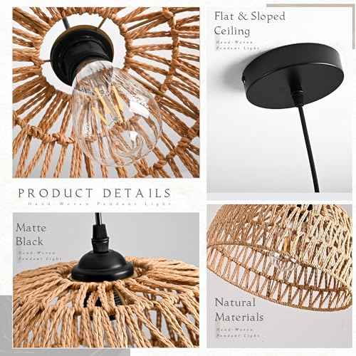 2 Pack Hemp Rope Woven Pendant Light Woven Light Fixture Boho Chandelier Light Fixture Wicker Pendant Lights Rattan Dome Wicker Chandelier for Dining Room Kitchen Island