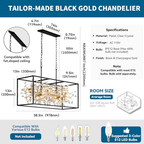 Modern Black and Gold Rectangle Crystal Chandeliers for Dining Room (8 Count)