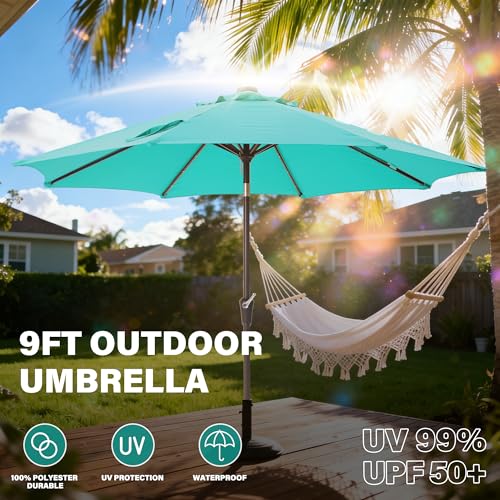 9‘ Patio Umbrella with lights pool Umbrella for Patio turquoise