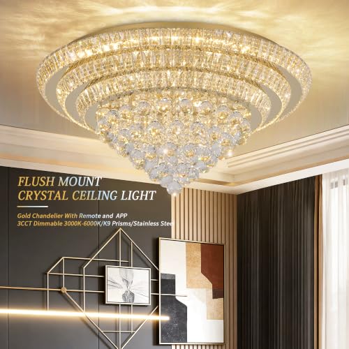 30" Gold Crystal Flush Mount Chandelier Modern LED Ceiling Light Fixture
