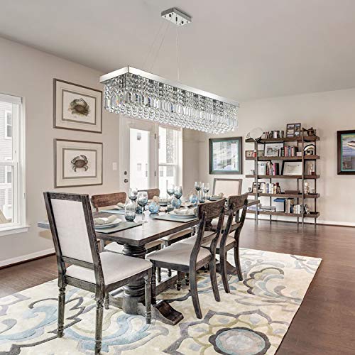 Rectangle K9 Crystal Chandelier Modern Rectangular Pendant Light Fixture for Dining Room Kitchen Island Chrome L47 x W10 x H10