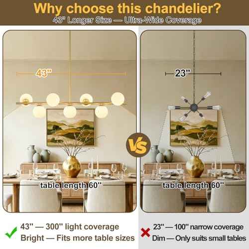Globe Modern Sputnik Chandeliers for Dining Room Chandelier, 7-Light Dining Room Light Fixture Over Table, Mid Century Linear Chandelier Gold and Milk White Bubble, 43.3 Inch (Bulbs not Included)