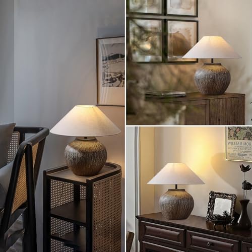 Rustic Table Lamps Brown 20.8”Tall Ceramic Lamp Southwestern Farmhouse Lattice Ceramic Lamp Body with Beige Linen Shade Nightstand Lamp for Bedroom Living Room Home Office