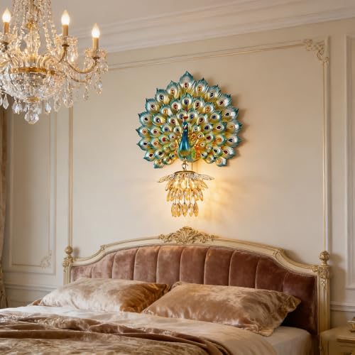Modern Large Wall Sconce Crystal Glass Wall Mouunt Light Blue Resin Peacock Decorative Light E26 15.7" Wall Light Fixture for Bedroom Living Room Dining Room Hallway
