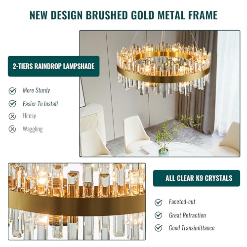 Modern Brass Gold Round Crystal Chandelier for Dining Room D31.5''