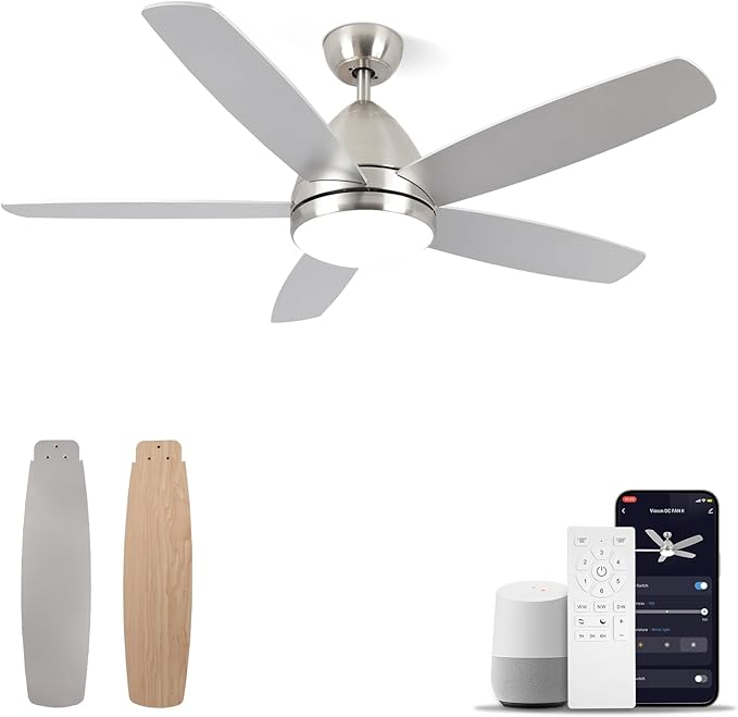 Smart Ceiling Fan with Light, Modern Nickel 52-Inch Outdoor Ceiling Fan and Remote/App, Dimmable Tri-Color LED and Reversible Motor for Indoor Bedroom/Outdoor Covered Patio - Aura Lighting