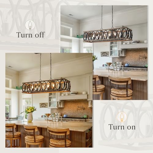 L39.4 Rustic Farmhouse Rectangle Chandelier for Dining Room Kitchen Island Lights Cage Pendant Light Fixture Black and Brown Metal Hanging Lighting Retro Vintage Linear Chandeliers 6