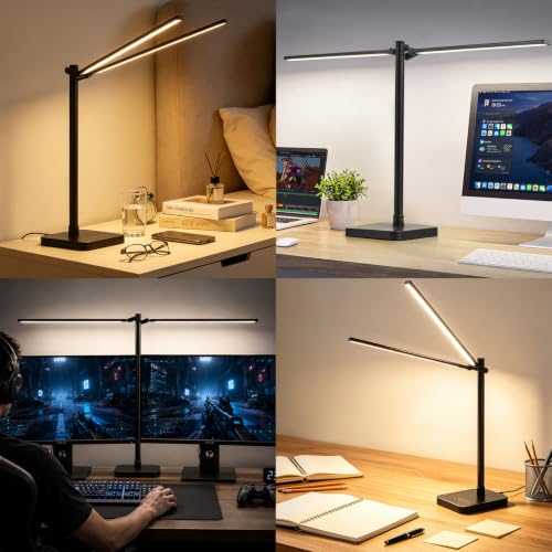 Desk Lamp for Office Home Dual Head 24W Swing Arm Reading Table Lamp Black (Black)