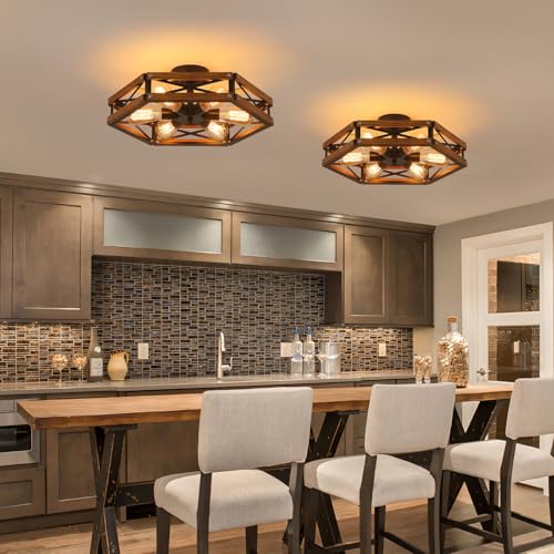 6 Light Large Rustic Farmhouse Wood Flush Mount Ceiling Light Fixture 20 inch Oak Wood and Metal Cage Semi Flush Mount Ceiling Light for Hallway Entry Farmhouse Bedroom Living Room