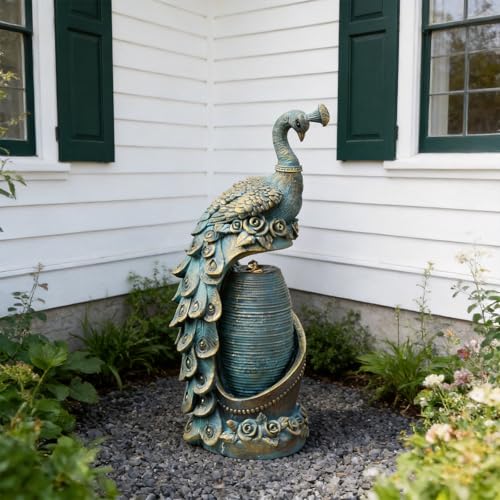 Peacock Outdoor Water Fountain 32" H Cascading Waterfall Fountain with LED Lights & Pump Tiered Water Feature for Garden