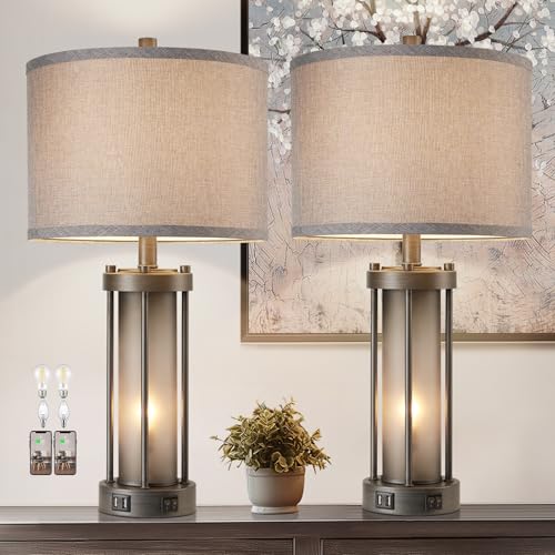 Set of 2 Rustic Table Lamps for Living Room with 2 USB Ports (2 Count)
