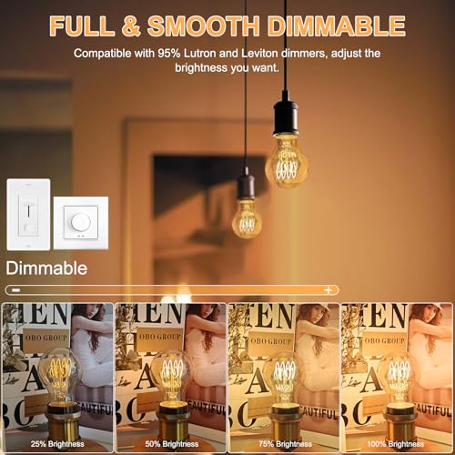 Dimmable E26 4W LED A19 Vintage Edison Decorative Light Bulbs 40 Watt 2500K (4 Count)