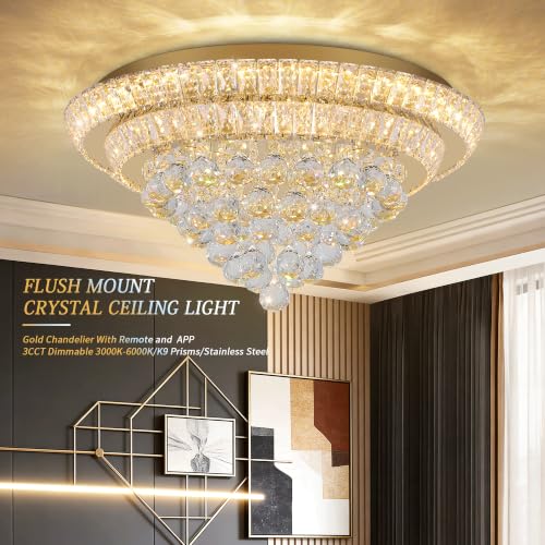 24" Gold Crystal Flush Mount Chandelier Modern LED Ceiling Light Fixture