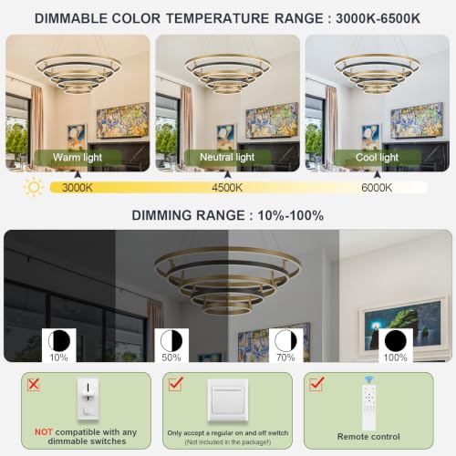 5 Rings LED Chandelier Black Gold Dimmable Circular Pendant Light for Dining Room