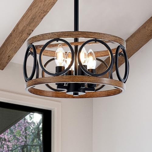 12.6" 4 Light Black Farmhouse Drum Pendant Light for Dining Room