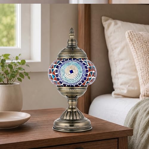 Turkish Moroccan Table Lamp Lantern with Handmade Mosaic Glass Lampshade Tiffany Style Bohemian Stained Glass Decorative Desk Lamps Bedside Night Lights for Bedroom