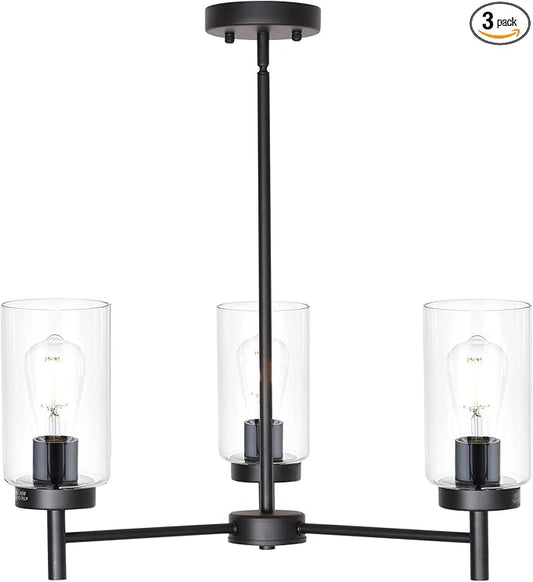 VINLUZ Farmhouse Chandeliers Black 3 Lights with Clear Glass Shades Modern Industrial Pendant Light Dining Room Lighting Fixtures Hanging Adjustable Wire Semi Flush Ceiling Lights - Aura Lighting