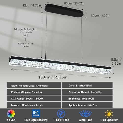 59" Modern Linear Chandelier Black Modern Pendant Light Fixture Dimmable Island Chandelier for Kitchen Island Lighting