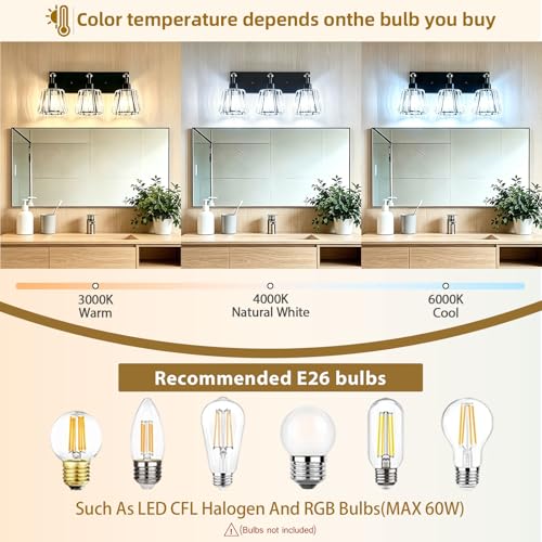 Black 3 Light Modern Crystal Vanity Lights Over Mirror (3-Light)