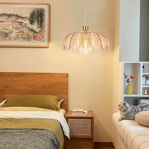 Plug in Pendant Light Hanging Lights with in Cord Mid Century Modern Gold Hanging Lamp Flower Glass Amber Vintage Dimmable Chandelier Ceiling Fixture for Living Room