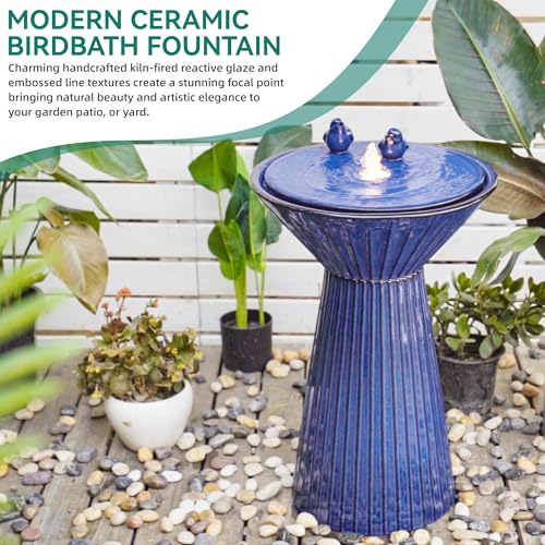 Autodaya 28" Ceramic Outdoor Water Fountain LED Birdbath