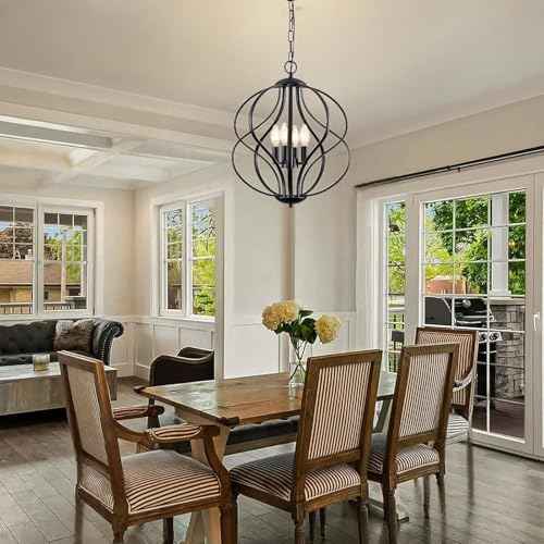 YURNYQ Modern Black Chandelier for Dining Room, 4 Lights Geometric Chandeliers, Sphere Chandelier Industrial Large Pendant Light Fixtures Hanging for Kitchen, Entryway, Foyer, Stairs