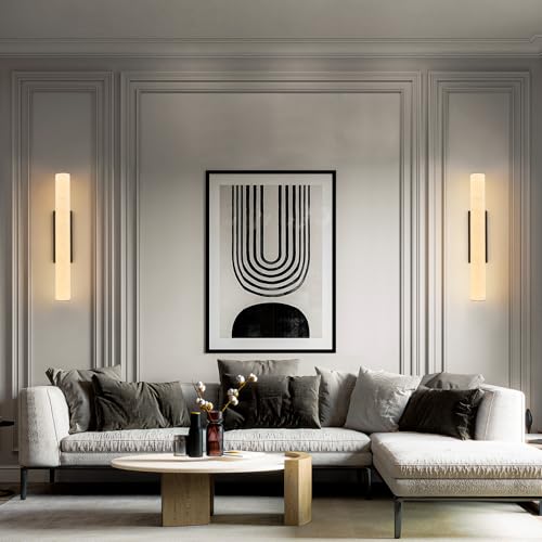 Natural Alabaster Wall Sconces Spanish Marble Wall Light Cylinder Modern Black LED Sconce for Living Room Bedroom Bathroom Stairs（M
